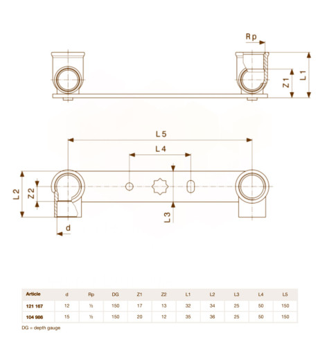 Планка для змішувача Ø15 x 1/2″ В (бронза) L=150 мм (104986) Viega GmbH