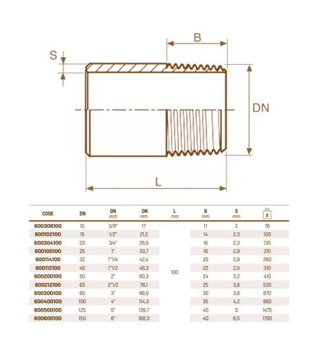 Штуцер приварний сталевий Ø1/2″ (DN 15) L=100 мм RM (Італія)