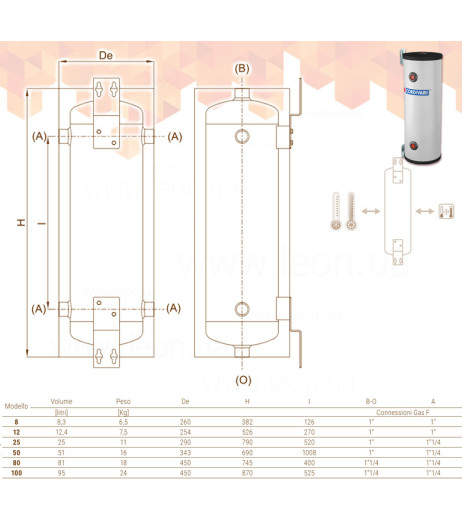 Навісний теплоакумулятор 50 л (теплові насоси) VOLANO TERMICO PDC PENSILE 4 bar -10/+95 °C Cordivari srl
