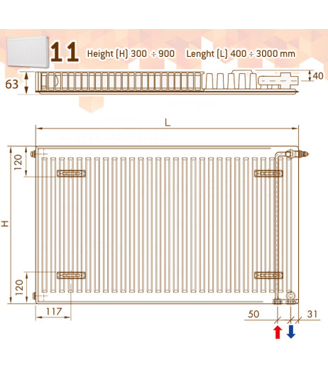 Радіатор сталевий PHD 2.0 Panel 11 TEC 300 x 500 мм 351 Ват бок. праве/нижнє підкл. DeLonghi