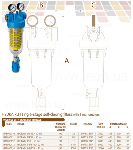 Фільтр-колба самопромивний HYDRA M (манометри) 3/4″ OT (латунь) + картридж RSH 50 mcr KIT Atlas Filtri s.r.l.