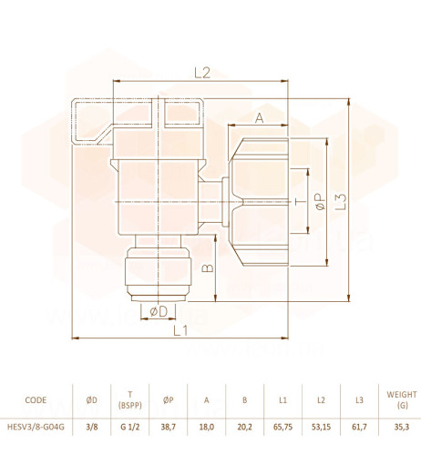 кран кутовий Ø3/8″ (трубка) х Ø1/2″ВР Polyacetal (HESV3/8-G04G) CDC Fluidtech Europe S.r.l.