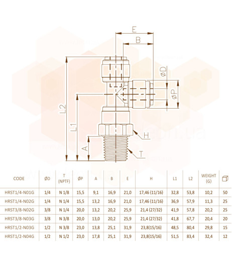 Ø1/4″ (трубка) х Ø1/4″ (трубка) х Ø1/8″ЗР Polyacetal (HRST1/4-N01G) CDC Fluidtech Europe S.r.l.