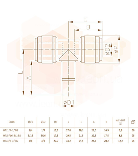 Ø1/4″ (трубка) х Ø1/4″ (абзац) х Ø1/4″ (трубка) Polyacetal (HTJ1/4-1/4G) CDC Fluidtech Europe S.r.l.