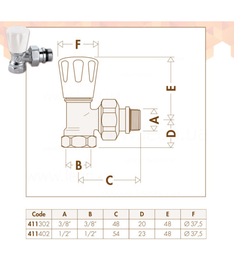 Кран радіаторний ХРОМ ручка Ø1/2″ кутовий 10 bar Caleffi S.p.a