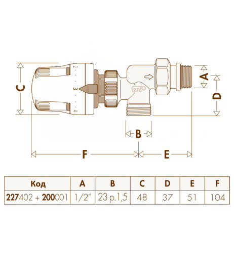 Кран-термостат реверсивний М23 х 1,5 x 1/2″ 10 bar Caleffi S.p.a