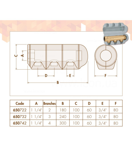 Розподільчий колектор Ø1 1/4″ х 4 х 3/4″З для систем кондицінування/опалення з ізоляцією 10бар -40÷95 °C Caleffi S.p.a