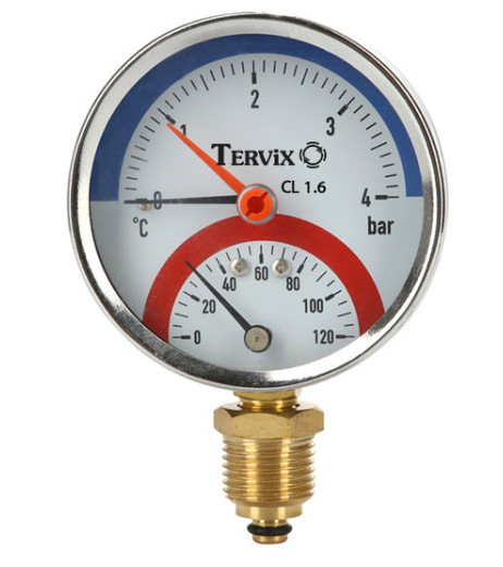 термоманометр Tervix Pro Line 80/0-10 бар, 0-120 С, радіальний, з монтажним клапаном R1/2"
