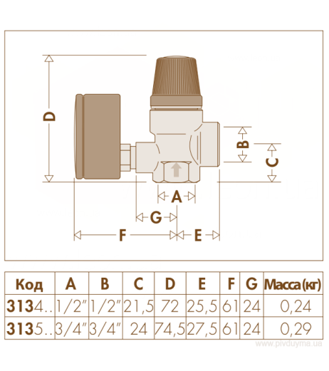 Мембранний клапан з отвором для манометра Ø1/2″ х 1/2″ ВВ 3,0 bar Caleffi S.p.a.