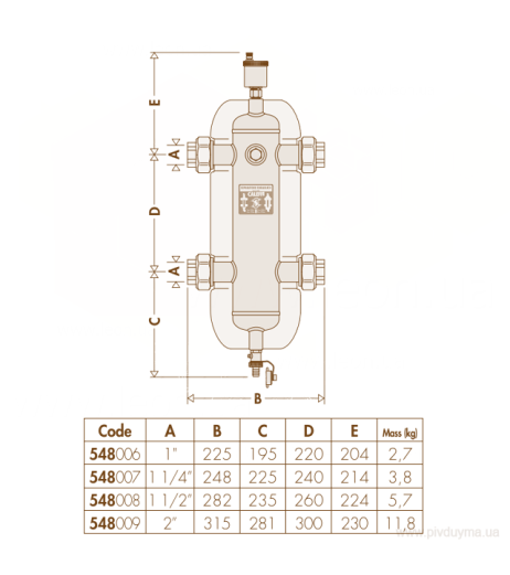 Гідравлічний сепаратор (стрілка) Ø1″ 0÷100°C 10 bar (ізоляція, ПВ, зливний кран, американки) CALEFFI
