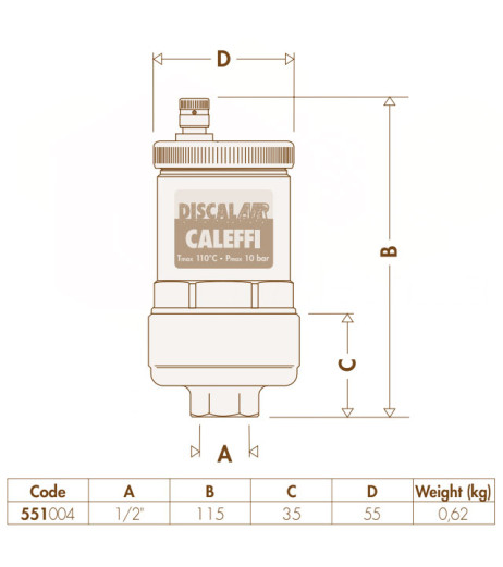 Деаератор з підвищеною продуктивністю DISCAL® Ø1/2″ ВВ 0÷110°C 10 bar Caleffi S.p.a