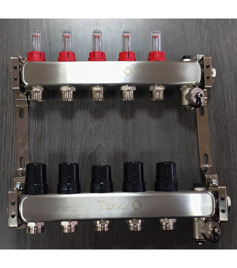 Колектор на 5 конт., з витратомірами, краном Маєвськ. та зливним, нерж.сталь Tervix Pro Line