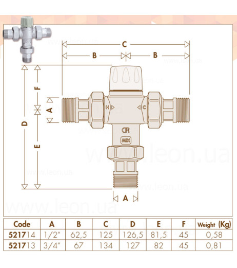 Змішувач-термостат (захист від опіку) Ø3/4″ зі зворотними клапанами та налаштуванням 30÷50 °C Kv=1,85 (m³/h) Caleffi S.p.a.